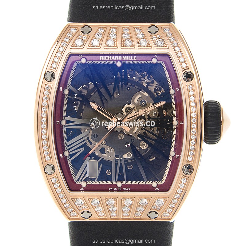 Richard Mille RM023 Replica - Automatic - Rose Gold Case - Diamonds - Silver Dial - Black Cowhide Strap